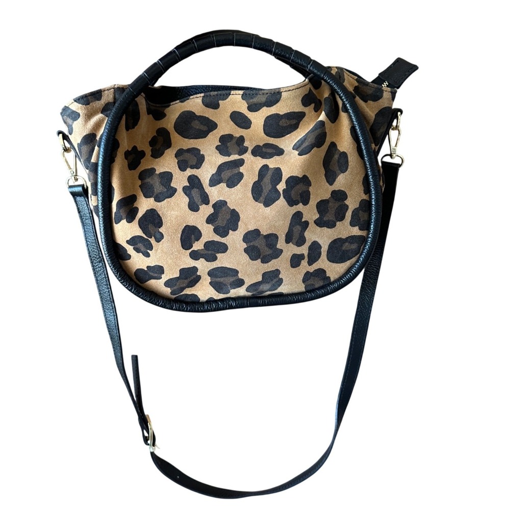 Cheval Firenze Leopard Print Suede Leather Handbag Crossbody Made in Italy Black